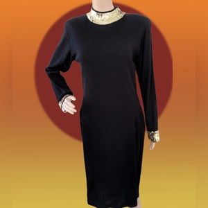 80s Black Sweater Dress Gold Sequin Long Sleeve S